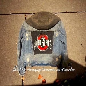One of a kind UPCYCLED jean jacket! Detachable hood w/OSU on the back